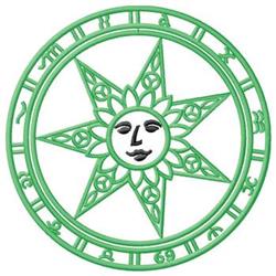 Whimsical sun with facial features in bright green, set in a circular motif with flowing rays.