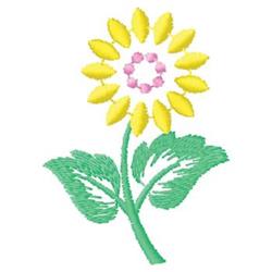 Cheerful sunflower applique with bright yellow petals, pink center, and vibrant green leaves, perfect for spring.