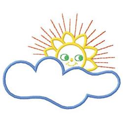 Cheerful sun with a smiling face peeking from a fluffy cloud, bright rays radiating, playful spring design.