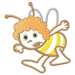 Cartoon bee with curly orange hair, large eyes, and surprised expression. Bright yellow with black stripes, perfect for child