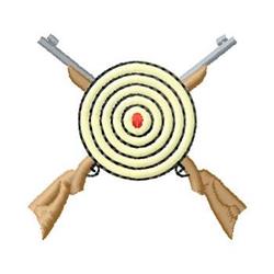 Target with firearms features a bold cartoonish design, with a circular target, crossed guns, and a striking bullseye.