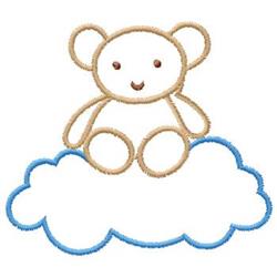 Cute teddy bear with a happy smile, outlined in tan, seated on a fluffy blue cloud. Perfect for nursery decor.