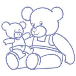 Playful teddy bear design with a large bear in overalls and a smaller bear, both smiling and whimsical.