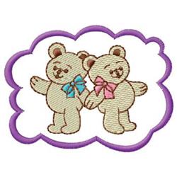 Two teddy bears with blue and pink bows surrounded by a whimsical purple cloud, perfect for children's items.
