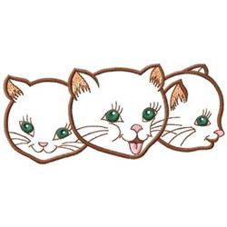 Three playful cat faces with green eyes and brown outlines, featuring a whimsical design.