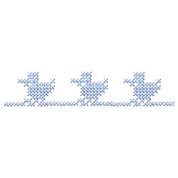 Cross stitch design featuring three blue ducks in a whimsical style, aligned horizontally for a cheerful spring theme.