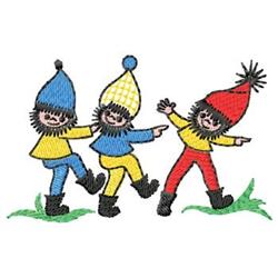 Three whimsical gnomes with vibrant blue, yellow, and red hats stand on green grass in a playful cartoon style.