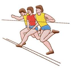 Three runners in vibrant athletic attire engage in a dynamic race, captured in a cartoonish style.
