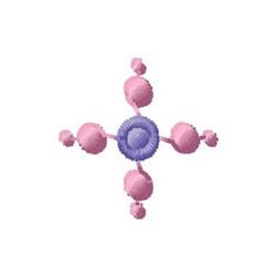 Geometric design with circular elements, featuring a purple circle and four pink spheres in a symmetrical layout.