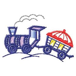 Whimsical train with a colorful cart and red umbrella, accented with purple and blue lines, featuring playful gray smoke.