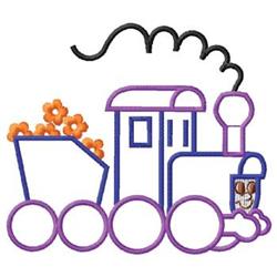 Playful train engine outlined in purple with cargo of orange flowers and whimsical smoke rising.