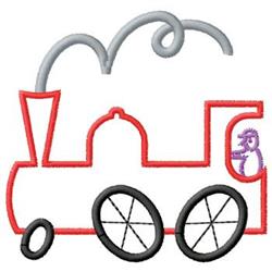 Playful train with bold red outline, black wheels, and whimsical gray smoke, ideal for machine embroidery.