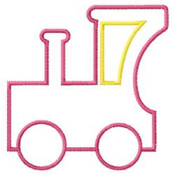 Playful train outline in pink thread with yellow accents and round wheels, suitable for children's items.