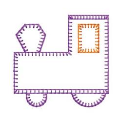 Whimsical train shape with colorful outline, a hexagonal chimney, and vibrant orange window in playful minimalism.