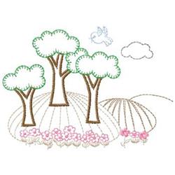 Whimsical trees with round green canopies and brown trunks, with a playful bird and fluffy cloud above.