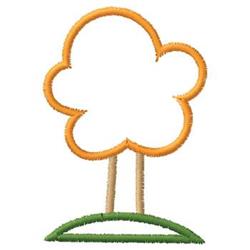 Playful tree design with an orange cloud-like canopy and two brown trunks on green grass, ideal for children's items.