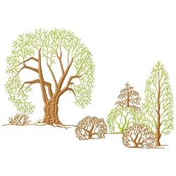 Naturalistic tree landscape featuring green leaves, brown trunks, and varying heights of trees and shrubs.