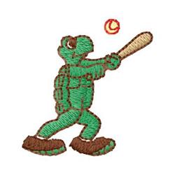 Cartoon turtle swinging a baseball bat, outlined in brown, with a red swirl baseball above. Playful design.
