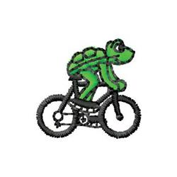 Playful green turtle riding a black bicycle with simple outlines, bright colors, and a cheerful vibe.