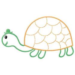Playful turtle with green outline, orange shell, black eye, and green hat, perfect for kids' items.