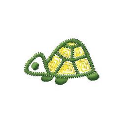 Playful turtle with a segmented green and yellow shell, featuring curved lines and a whimsical design.