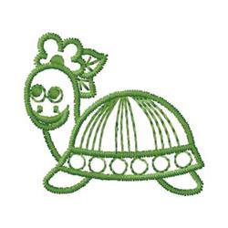 Whimsical turtle with a smiling face and flower on its head, detailed shell, in playful light green tone.