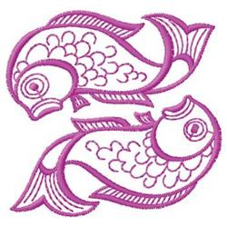 Two fish in playful formation with vibrant pink outlines, intricate scales, and flowing fins. Perfect for textile decoration.