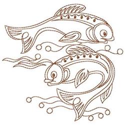 Two whimsical fish outlined in brown, surrounded by bubbles and wavy lines, create a playful design.