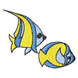 Colorful two fish in blue and yellow, with vibrant patterns and smooth curves, perfect for playful designs.