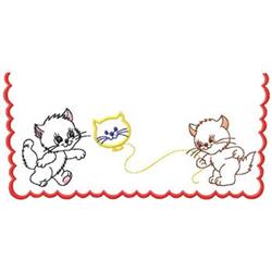 Two playful kittens in soft colors chase a bright yellow ball of yarn, framed by a scalloped red border.