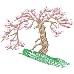 A detailed weeping cherry tree with pink blossoms and a textured brown trunk, set against vibrant green grass.