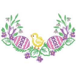Playful yellow chick surrounded by pink eggs and flowers, vibrant details perfect for Easter embroidery.