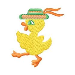 Playful yellow duckling in a green straw hat with an orange ribbon, perfect for spring and Easter decorations.