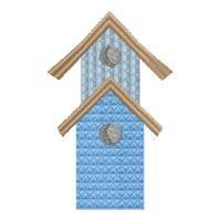Whimsical birdhouse stack featuring two light blue houses with geometric patterns and warm brown roofs.