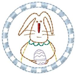 Playful bunny holding a colorful Easter egg, framed in light blue and white, perfect for festive décor.