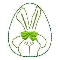 Cute bunny with long ears and a bright green bow inside a playful egg shape, perfect for Easter decor.