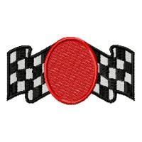 Oval patch featuring a vibrant red center and flowing black checkered flag, ideal for sports events.