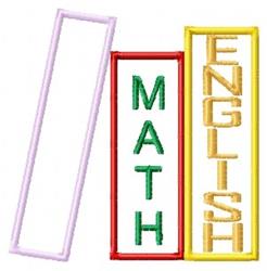 Colorful stack of books with green 'MATH', yellow 'ENGLISH', and a light purple spine, perfect for back to school.