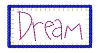 Playful ‘Dream’ text in purple stitching, framed by a blue rectangular border, perfect for decor.