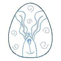 Easter egg with playful swirls and lines, outlined in blue, featuring soft colors for a whimsical, festive touch.