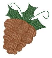 Realistic pine cone in shades of brown surrounded by green leaves and curly vines, perfect for fall decor.