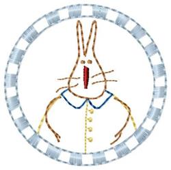 Whimsical rabbit wearing a blue collar with buttons, framed in a playful circular outline for Easter.