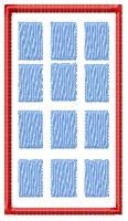 Rectangular grid pattern featuring twelve blue squares in textured fabric, bordered by a vibrant red outline.