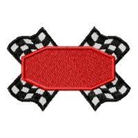 Bold red patch with black outline features dynamic black and white checkered flags, perfect for racing.