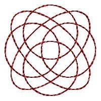 Redwork geometric design featuring interlocking circular patterns with red lines and overlapping shapes, showcasing elegance.