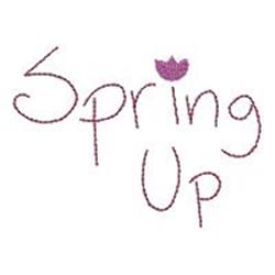 Redwork text design 'Spring Up' in playful hand-drawn style, featuring soft purple lettering and delicate pink flowers.
