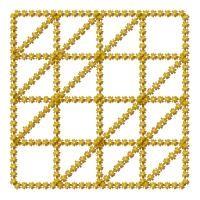 Redwork square grid featuring vibrant yellow flowers arranged geometrically with diagonal lines.