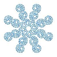 Decorative snowflake design with light blue tones, featuring swirling spirals and geometric symmetry, perfect for winter proj