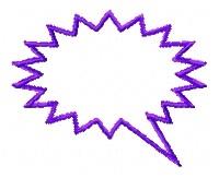 Speech bubble with bold zigzag edges in vibrant purple, featuring a simple and cartoonish style.