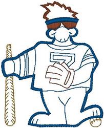 Cartoon bear wearing sunglasses and a blue and white shirt, holding a baseball bat. Fun and sporty design perfect for kids.